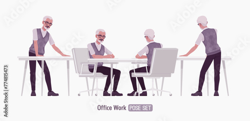 Retired old active senior man set desk work pose, nice elderly person handsome grey hair grandfather classic outfit, experienced office worker. Elegant white beard, dark moustache. Vector illustration