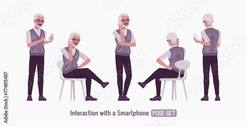 Retired old active senior man set phone talking pose, nice elderly person, handsome grey hair grandfather classic outfit, experienced worker. Elegant white beard, dark moustache. Vector illustration