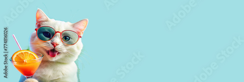 A playful white feline with a sporting trendy sunglasses, casually enjoying a refreshing summer cocktail with a slice of fruit.