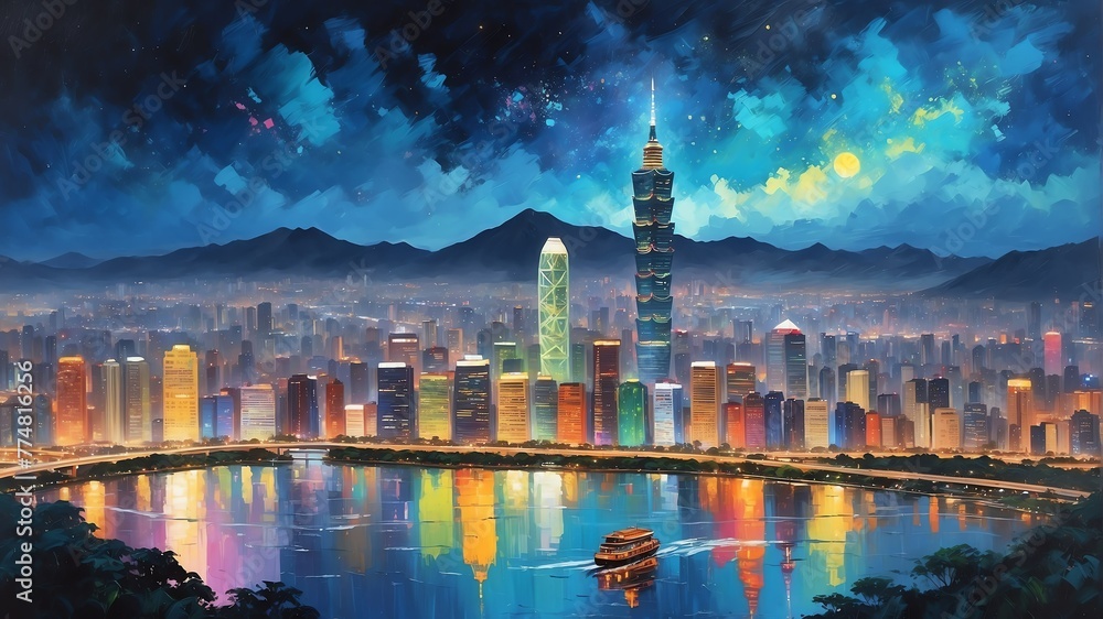Naklejka premium night sky in taipei taiwan theme oil pallet knife paint painting on canvas with large brush strokes modern art illustration abstract from Generative AI