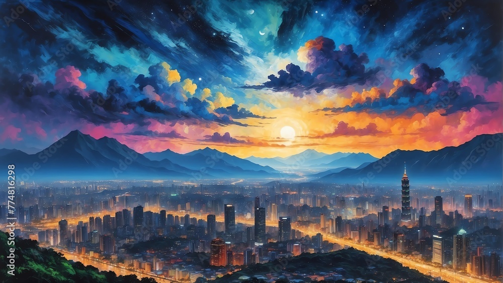 night sky in taipei taiwan theme oil pallet knife paint painting on canvas with large brush strokes modern art illustration abstract from Generative AI