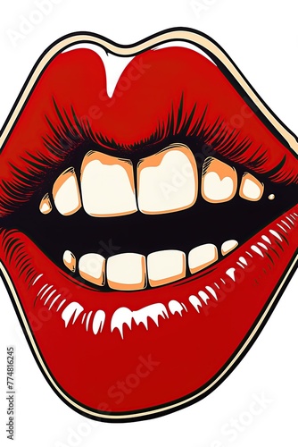 Mouth with red lipstic on white background. Pop art style poster design. Ai Generative