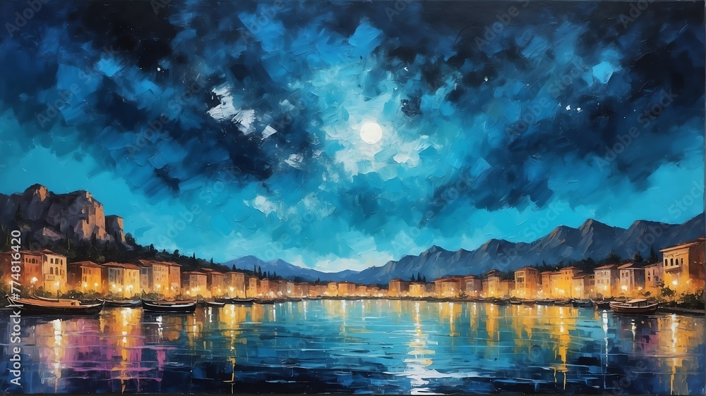 Obraz premium night sky in antalya turkey theme oil pallet knife paint painting on canvas with large brush strokes modern art illustration abstract from Generative AI