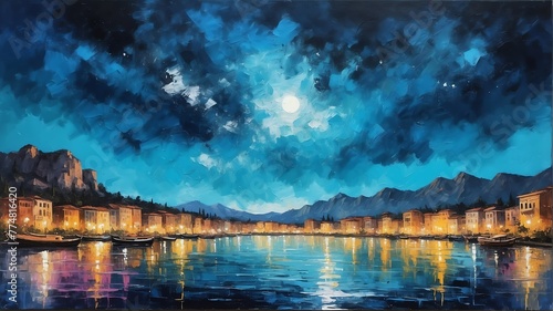 night sky in antalya turkey theme oil pallet knife paint painting on canvas with large brush strokes modern art illustration abstract from Generative AI