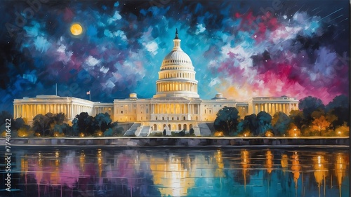 night sky in washington dc theme oil pallet knife paint painting on canvas with large brush strokes modern art illustration abstract from Generative AI