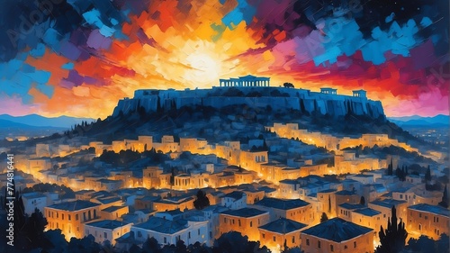 night sky in athens greece theme oil pallet knife paint painting on canvas with large brush strokes modern art illustration abstract from Generative AI © SevenThreeSky
