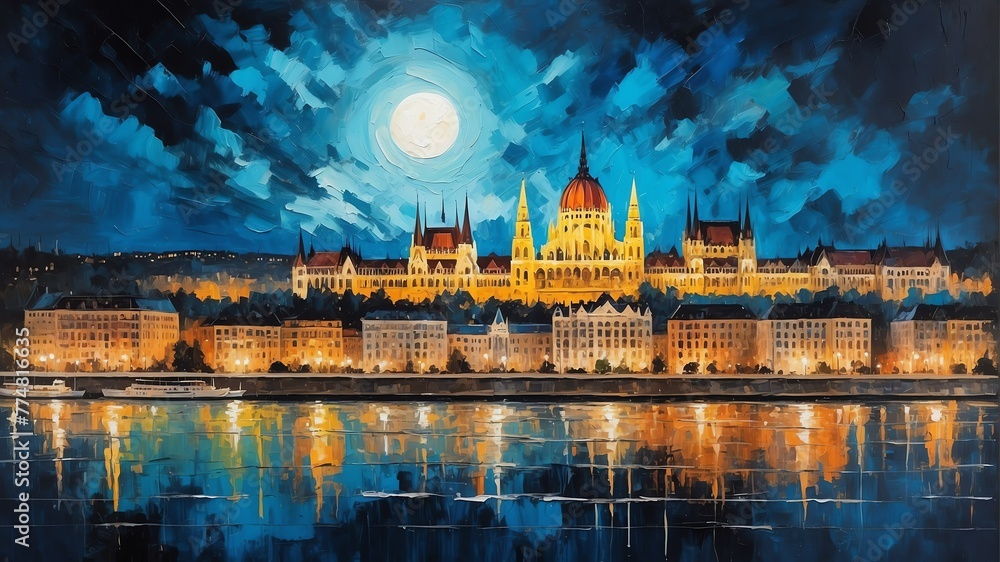 Fototapeta premium night sky in budapest hungary theme oil pallet knife paint painting on canvas with large brush strokes modern art illustration abstract from Generative AI