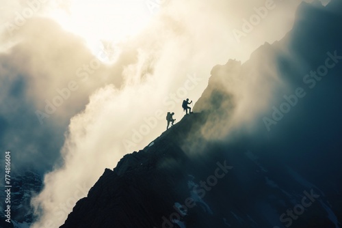 Conquering Mountain Challenges. Triumph, Endurance, and Resilience Amidst Alpine Terrain. Soft Sunlight Pierces Through Clouds. Silhouette of a person on a mountain top