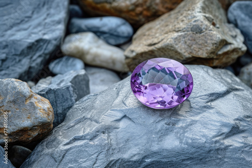Green-purple faceted topazes on a rock.