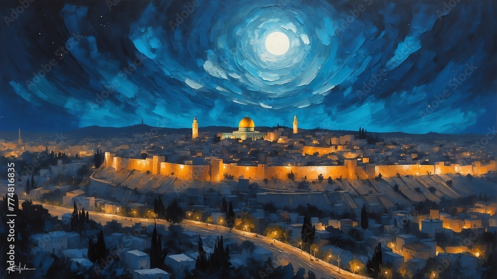 Fototapeta premium night sky in jerusalem israel theme oil pallet knife paint painting on canvas with large brush strokes modern art illustration abstract from Generative AI