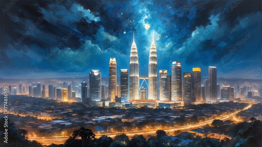 Naklejka premium night sky in kuala lumpur malaysia theme oil pallet knife paint painting on canvas with large brush strokes modern art illustration abstract from Generative AI