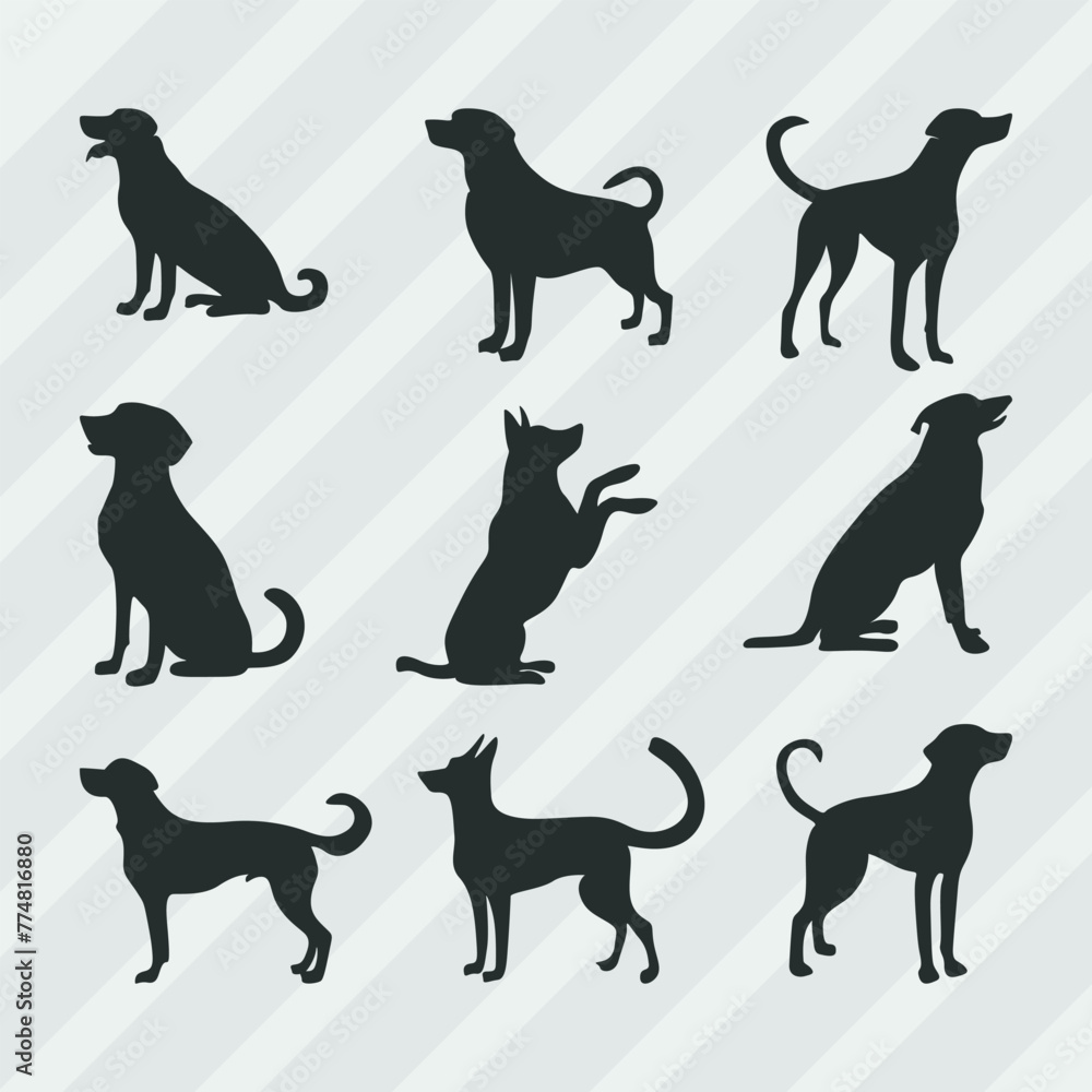 Dogs vector silhouettes bundle, Set of various pose dog collection