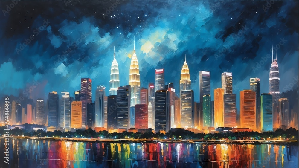 Naklejka premium night sky in kuala lumpur malaysia theme oil pallet knife paint painting on canvas with large brush strokes modern art illustration abstract from Generative AI