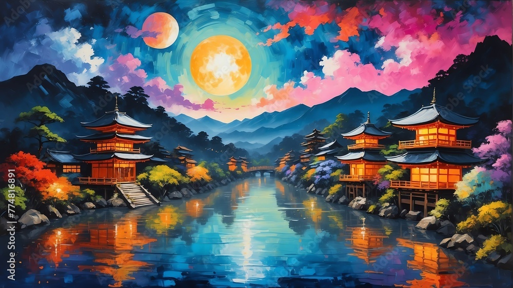 Fototapeta premium night sky in kyoto japan theme oil pallet knife paint painting on canvas with large brush strokes modern art illustration abstract from Generative AI