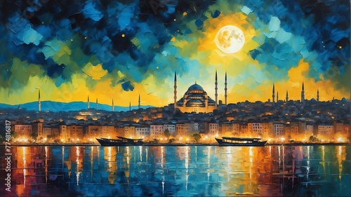 night sky in istanbul turkey theme oil pallet knife paint painting on canvas with large brush strokes modern art illustration abstract from Generative AI photo