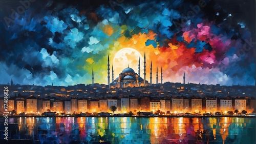 night sky in istanbul turkey theme oil pallet knife paint painting on canvas with large brush strokes modern art illustration abstract from Generative AI