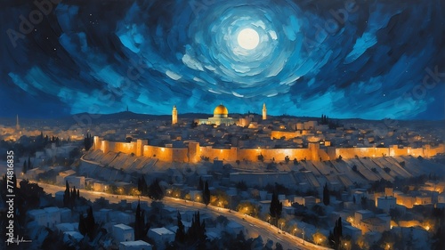 night sky in jerusalem israel theme oil pallet knife paint painting on canvas with large brush strokes modern art illustration abstract from Generative AI