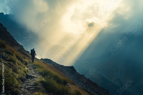 Conquering Mountain Challenges. Triumph, Endurance, and Resilience Amidst Alpine Terrain. Soft Sunlight Pierces Through Clouds.. Landscape with clouds