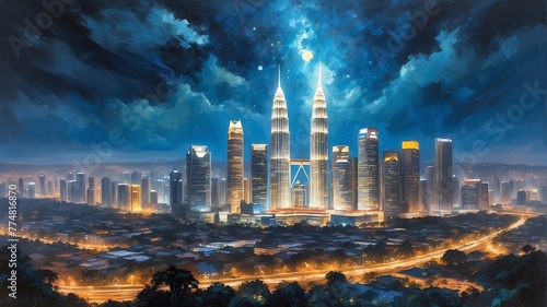 night sky in kuala lumpur malaysia theme oil pallet knife paint painting on canvas with large brush strokes modern art illustration abstract from Generative AI