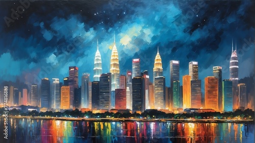 night sky in kuala lumpur malaysia theme oil pallet knife paint painting on canvas with large brush strokes modern art illustration abstract from Generative AI