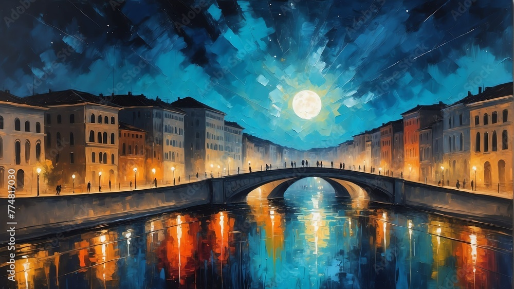 Obraz premium night sky in milan italy theme oil pallet knife paint painting on canvas with large brush strokes modern art illustration abstract from Generative AI