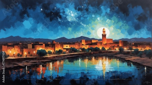 night sky in marrakech morocco theme oil pallet knife paint painting on canvas with large brush strokes modern art illustration abstract from Generative AI photo