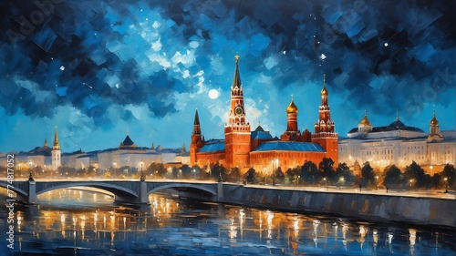 night sky in moscow russia theme oil pallet knife paint painting on canvas with large brush strokes modern art illustration abstract from Generative AI photo