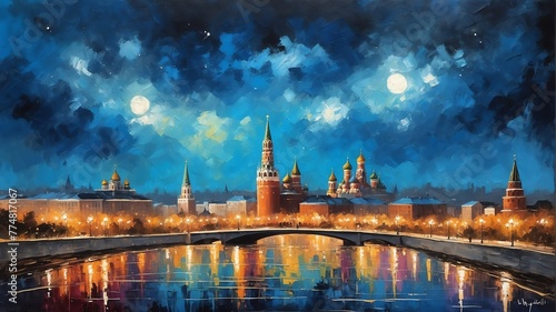 night sky in moscow russia theme oil pallet knife paint painting on canvas with large brush strokes modern art illustration abstract from Generative AI