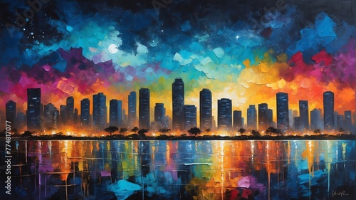 night sky in mumbai india theme oil pallet knife paint painting on canvas with large brush strokes modern art illustration abstract from Generative AI photo