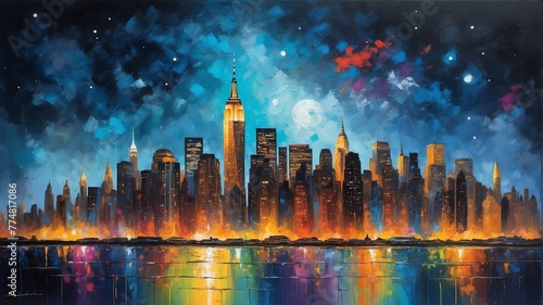 night sky in new york united states theme oil pallet knife paint painting on canvas with large brush strokes modern art illustration abstract from Generative AI