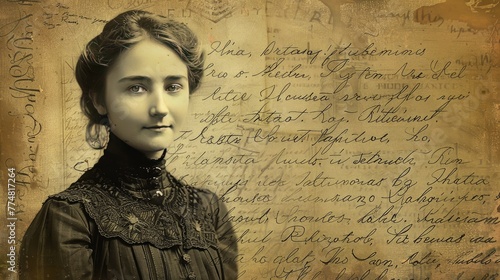 A vintage portrait of a young woman from a bygone era superimposed on a background of aged paper filled with handwritten script - AI Generated Digital Art photo