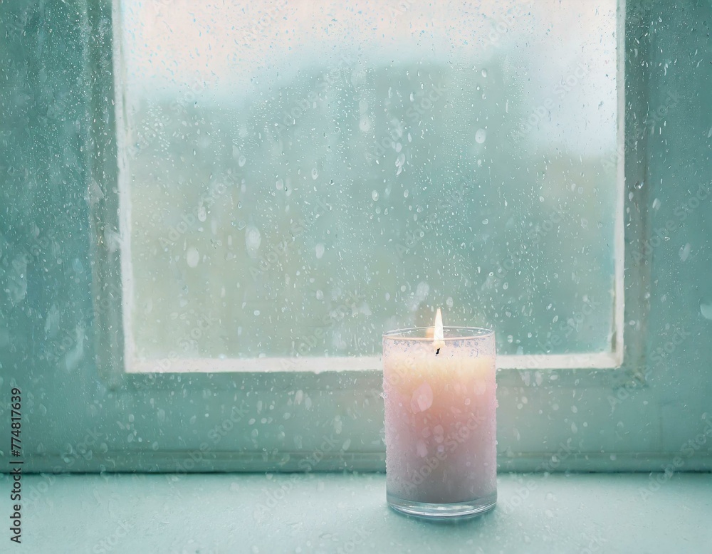 A single candle burning brightly on a window sill, raindrops streaming ...