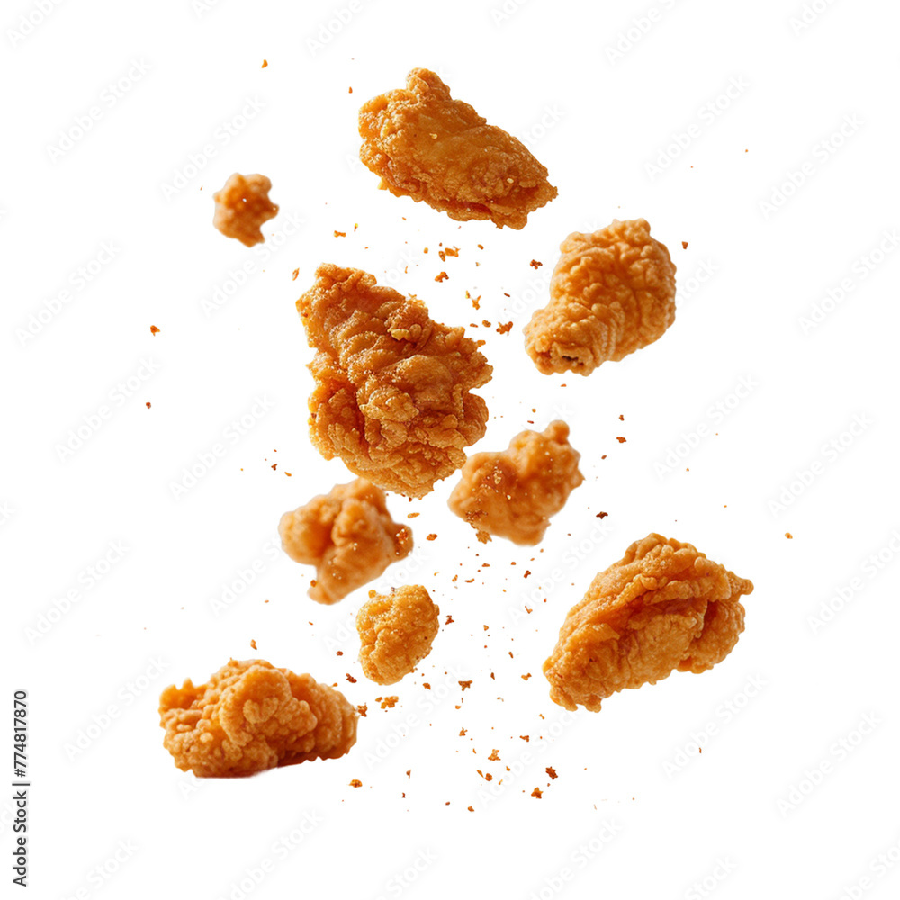 Fried chicken nuggets with crumbs falling.
Fried chicken nuggets with crumbs falling.