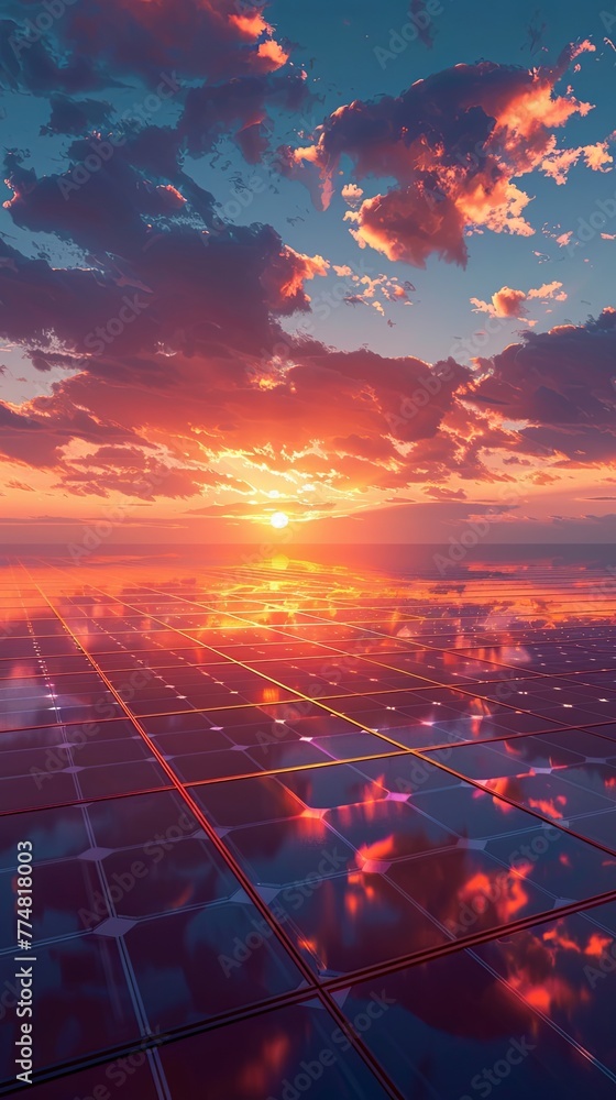 A vibrant sunset illuminating a vast solar power plant, with thousands of photovoltaic panels reflecting the fiery hues of the sky, showcasing the scale and potential of solar energy - obrazy, fototapety, plakaty 