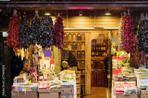 The dried marzipans hang in the shop photo