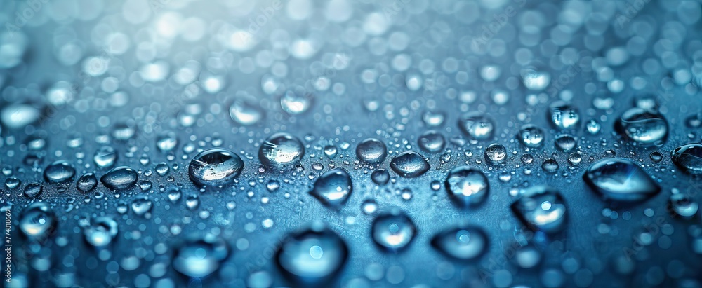 Some water drops on the desktop in front of a large white background wall Some water drops on the desktop in front of a large white background wall