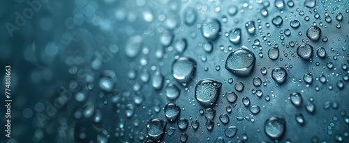 Some water drops on the desktop in front of a large white background wall