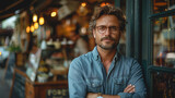 Portrait of a coffee shop owner on a blurred background, small business concept.