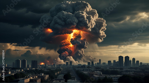 Big nuclear explosion mushroom cloud effect over city skyline for apocalyptical aftermath of nuclear attach.generative.ai