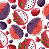 Easter seamless pattern with decorated eggs with dragon fruit, fig and red, purple eggs for holiday poster, textile or packaging 