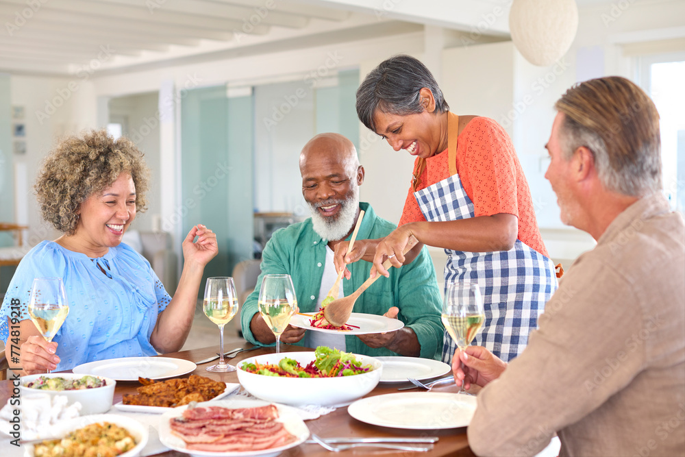 Group Of Smiling Mature Friends At Home Relaxing Meeting For Lunch And Wine Together As Woman Serves