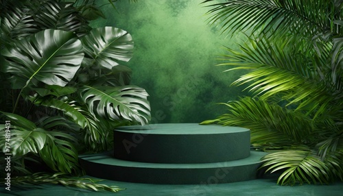 Dark green podium in tropical forest for product presentation and green background