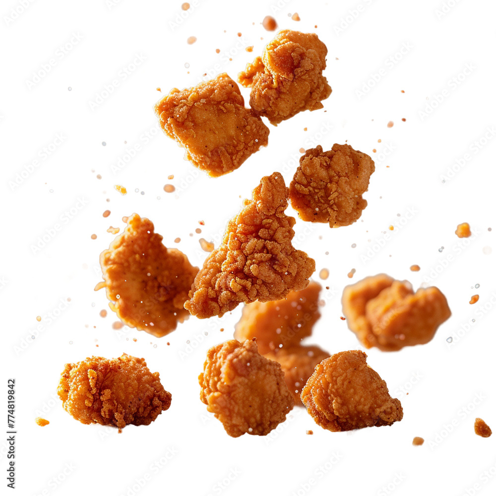 Fried chicken nuggets with crumbs falling.
Fried chicken nuggets with crumbs falling.
