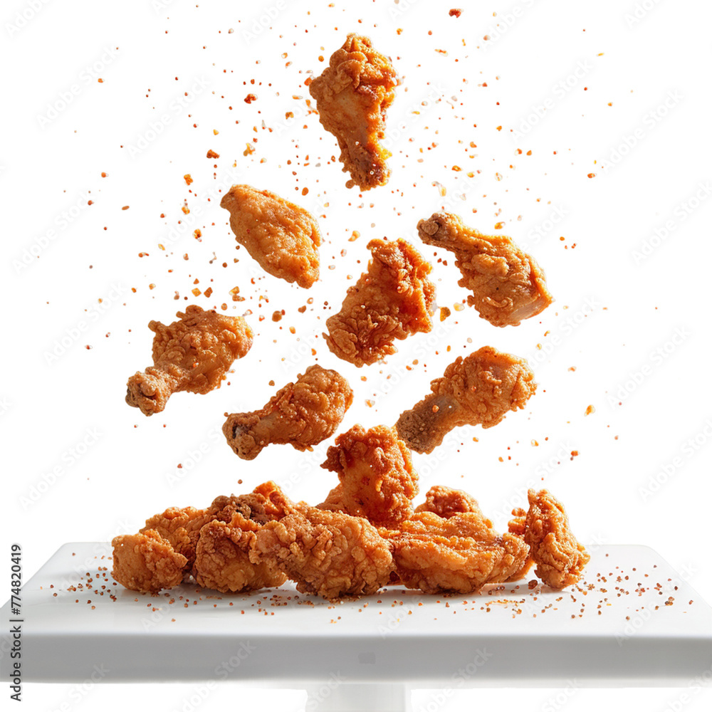 Fried chicken nuggets with crumbs falling.
Fried chicken nuggets with crumbs falling.