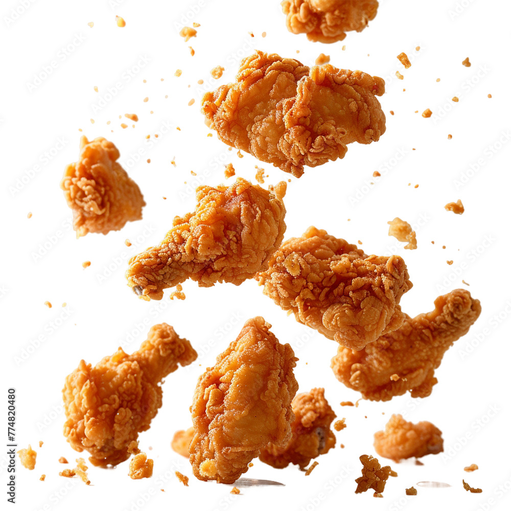 Fried chicken nuggets with crumbs falling.
Fried chicken nuggets with crumbs falling.