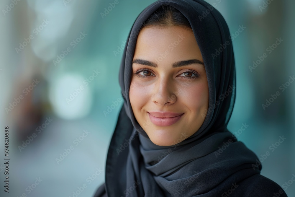 Portrait of young smiling Arabian muslim woman in black hijab on blurred background Portrait of young smiling Arabian muslim woman in black hijab on blurred background
