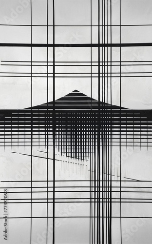 A myriad of straight black lines creates a geometric pattern with a symmetrical pyramidal photo