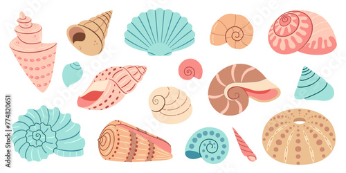 Sea shell cartoon set. Ocean exotic underwater seashell conch aquatic mollusk, sea spiral snail collection. Tropical beach shells. Modern flat style isolated on white background. Vector illustration 