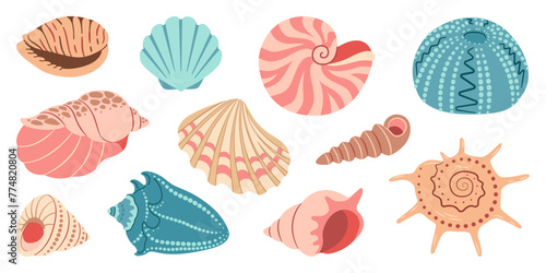 Sea shell cartoon set. Ocean exotic underwater seashell conch aquatic mollusk, sea spiral snail collection. Tropical beach shells. Modern flat style isolated on white background. Vector illustration 