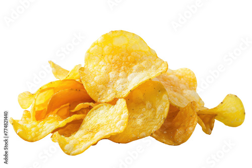 Pile of potato chips close-up isolated on transparent background, clipart, cutout, png.